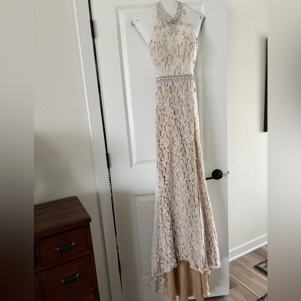 McDuggal Lace Evening Gown in Champagne